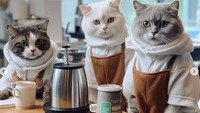 Kucing-kucing barista ini berfoto sebelum menjalani tugasnya masing-masing. Mereka tampak nyaman pakai hoodie dan celemek cokelat. Foto: Instagram meawlands