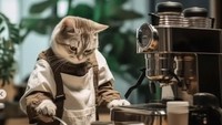 Duh! Wajah kucing ini serius banget ya saat menyiapkan kopi. Sepertinya ia sedang menimbang-nimbang apakah takaran kopinya sudah pas. Foto: Instagram meawlands
