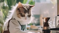 Dengan tangan mungilnya, kucing ini tengah menyempurnakan racikan kopi. Saya ingin pergi ke kafe ini setiap hari, sahut netizen. Foto: Instagram meawlands