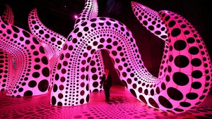 Sejak usia 10 tahun, ia mengalami halusinasi yang sangat nyata, yang membanjiri dunianya dengan motif polkadot yang kelak menjadi ciri khas karyanya. Yayoi Kusama sering melihat pola jaring dan titik-titik.Foto: REUTERS/Phil Noble