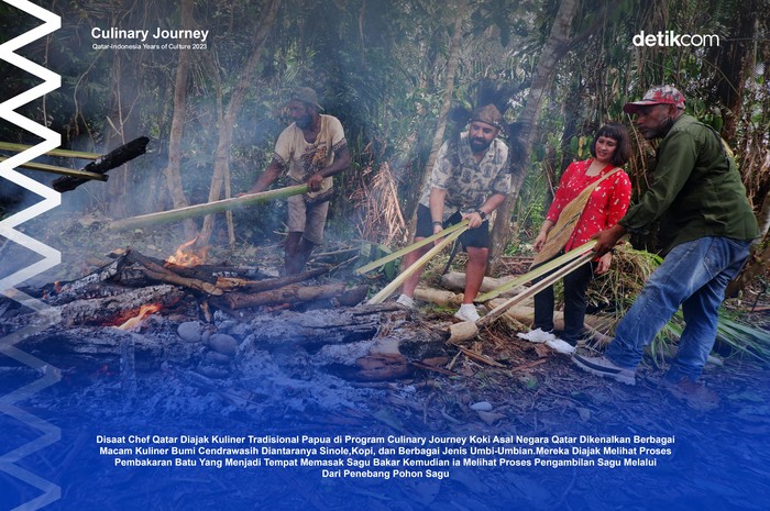 Koki asal Papua Charles Toto (kanan) bersama koki asal Qatar Hassan Al Ibrahim (kedua kiri) mengeluarkan kayu masakan dari bakar batu saat Culinary Journey Qatar-Indonesia 2023 Year of Culture di Kampung Skouw Sae, Kota Jayapura, Papua, Rabu (21/6/2023). Kegiatan tersebut bertujuan memperkenalkan berbagai budaya masyarakat Papua seperti cara mereka mengolah sagu, bertani dan bermasyarakat. ANTARA FOTO/Sakti Karuru/YU