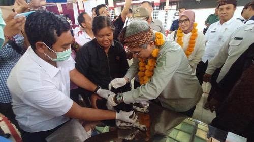 Wakil Menteri Pertanian RI Harvick Hasnul Qolbi memberi vaksin kepada anjing salah satu warga saat kunjungan kerja di Desa Kukuh, Kecamatan Marga, Rabu (5/7/2023). (chairul amri simabur/detikBali)