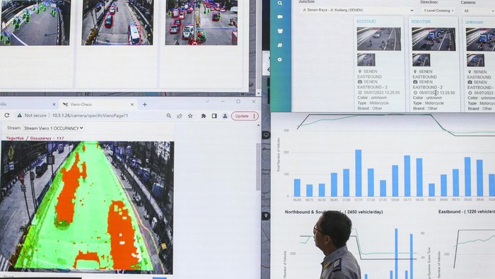 Petugas memantau lalu lintas dengan menggunakan CCTV di ruangan Network Operation Center (NOS) ITS Traffic Light Dinas Perhubungan DKI di Gedung Dinas Teknis, Jakarta, Rabu (5/7/2023). Untuk membantu mengurai kemacetan, Dinas Perhubungan DKI Jakarta sudah menggunakan teknologi kecerdasan buatan atau artificial intelligence (AI) di 20 simpang. ANTARA FOTO/Rivan Awal Lingga/aww.