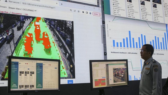 DKI Pakai AI buat Urai Macet, Begini Potretnya Petugas memantau lalu lintas dengan menggunakan CCTV di ruangan Network Operation Center (NOS) ITS Traffic Light Dinas Perhubungan DKI di Gedung Dinas Teknis, Jakarta, Rabu (5/7/2023). Untuk membantu mengurai kemacetan, Dinas Perhubungan DKI Jakarta sudah menggunakan teknologi kecerdasan buatan atau artificial intelligence (AI) di 20 simpang. ANTARA FOTO/Rivan Awal Lingga/aww.