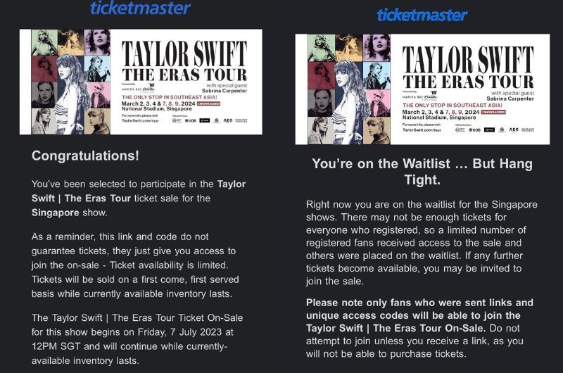 email kode akses tiket Taylor Swift Singapore 2024