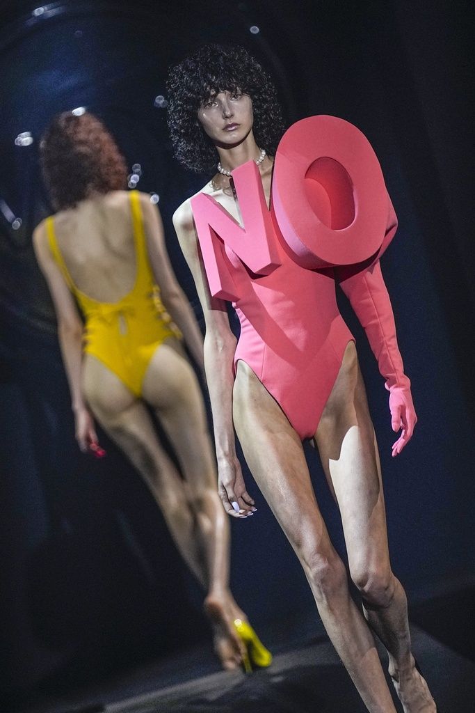 A model wears a creation for the Viktor & Rolf Haute Couture Fall/winter 2023-2024 fashion collection presented in Paris, Wednesday, July 5, 2023. (AP Photo/Michel Euler)