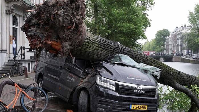 A fallen tree lies on a van after a storm hit Amsterdam, Netherlands July 5, 2023.   REUTERS/Esther Verkaik