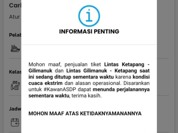 Keterangan dalam aplikasi Ferizy Pelabuhan Ketapang Banyuwangi