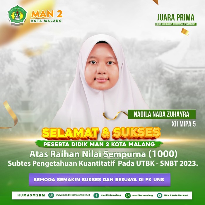 Nadila Nada Zuhayra dapat nilai 1000 di tes kuantitatif utbk snbt 2023