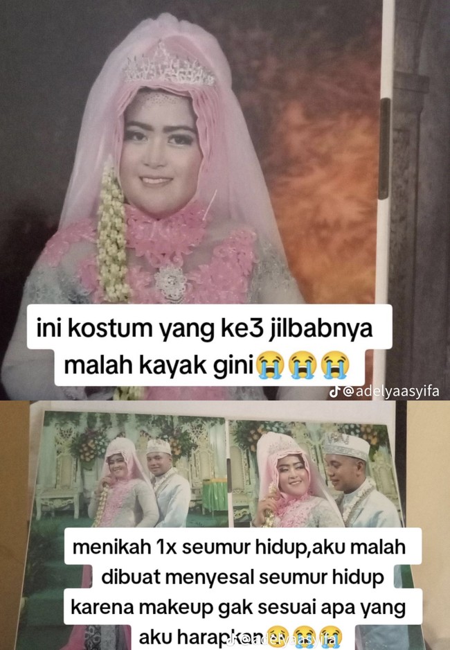 Mau nangis banget alisnya gak sama. Kostum yang ketiga jilbabnya malah kayak gini😭😭😭, sautnya. Menikah sekali seumur hidup, aku malah dibuat menyesal seumur hidup karena makeup gak sesuai apa yang aku harapkan. Suami sudah kayak Jojon aja bajunya, ucapnya sedih. Foto: Dok. TikTok @adelyaasyifa.
