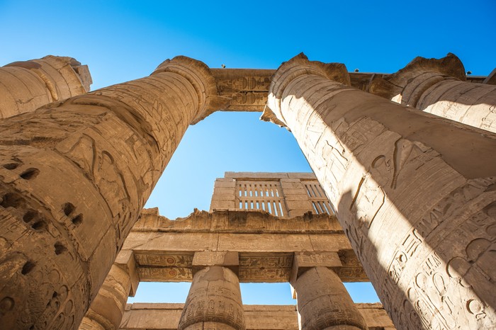 Pillars of the Great Hypostyle Hall of the Karnak temple, Luxor, Egypt (Ancient Thebes with its Necropolis).