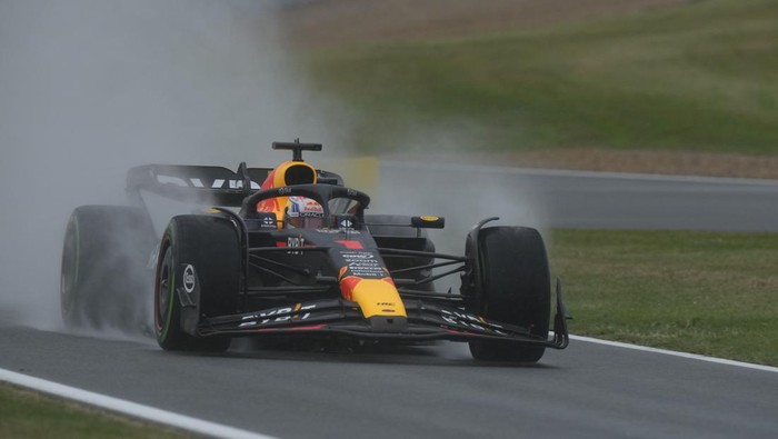 Red Bull driver Max Verstappen of the Netherlands steers his car during the third free practice at the British Formula One Grand Prix at the Silverstone racetrack, Silverstone, England, Saturday, July 8, 2023. The British Formula One Grand Prix will be held on Sunday. (AP Photo/Luca Bruno)