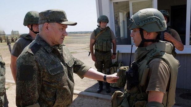 Russia's Defence Minister Sergei Shoigu inspects troops at a shooting range in an unknown location in the country's Southern Military District, in the course of Russia-Ukraine conflict, in this image released July 8, 2023. Russian Defence Ministry/Handout via REUTERS ATTENTION EDITORS - THIS IMAGE WAS PROVIDED BY A THIRD PARTY. NO RESALES. NO ARCHIVES. MANDATORY CREDIT.