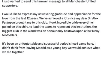 Ini adalah ucapan perpisahan David De Gea di Twitter untuk fans MU. Foto: Twitter