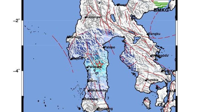 Badan Meteorologi, Klimatologi dan Geofisika (BMKG) memutakhirkan gempa bumi di Kabupaten Sidrap, Sulawesi Selatan (Sulsel) menjadi magnitudo (M) 4,7.