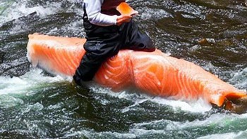 Meminta AI membuat foto nelayan menangkap salmon di sungai. Foto: Boredpanda 