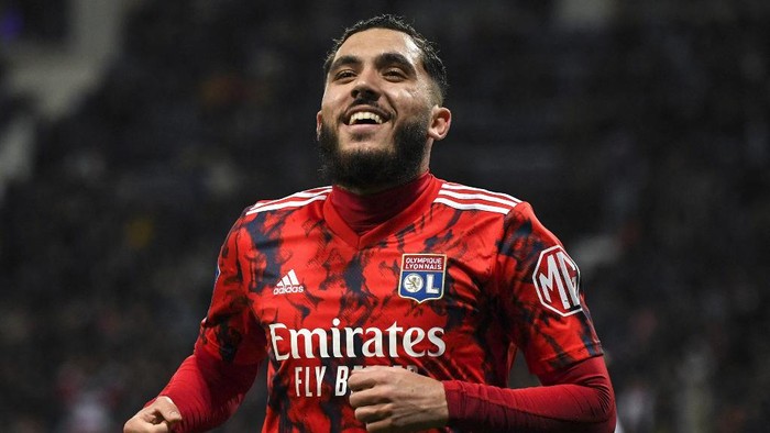 Lyons French midfielder Rayan Cherki celebrates scoring his teams second goal during the French L1 football match between Toulouse FC and Olympique Lyonnais at the Stadium de Toulouse in Toulouse, southern France, on April 14, 2023. (Photo by Valentine CHAPUIS / AFP)