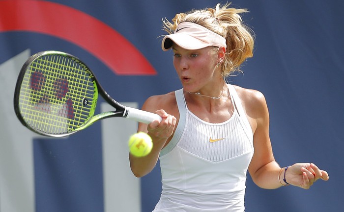 Sofya Zhuk, of Russia, returns against Nao Hibino, of Japan, during the first round of the Citi Open tennis tournament, Tuesday, July 31, 2018, in Washington. (AP Photo/Carolyn Kaster)