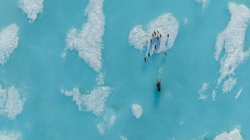 Karya Dustin Patar. Sebuah kawanan anjing digambarkan berlomba melewati genangan air yang terbentuk di atas es laut yang mencair saat lari malam di luar Iqaluit, Nunavut, Kanada, pada Juni 2022. Biasanya, dari akhir Desember hingga Juni, sebagian besar air di area ini Membeku. Namun saat suhu naik, salju yang menutupi es mencair, menciptakan genangan air besar yang menampakkan es biru kehijauan di bawahnya. Foto: photocrowd