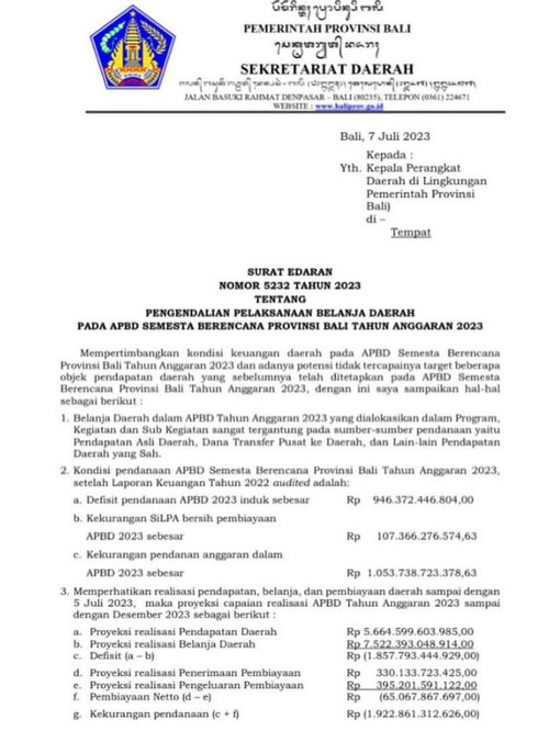 Surat Edaran Nomor 5232 Tahun 2023 tentang Pengendalian Pelaksanaan Belanja Daerah Pada APBD Semesta Berencana Provinsi Bali Tahun Anggaran 2023