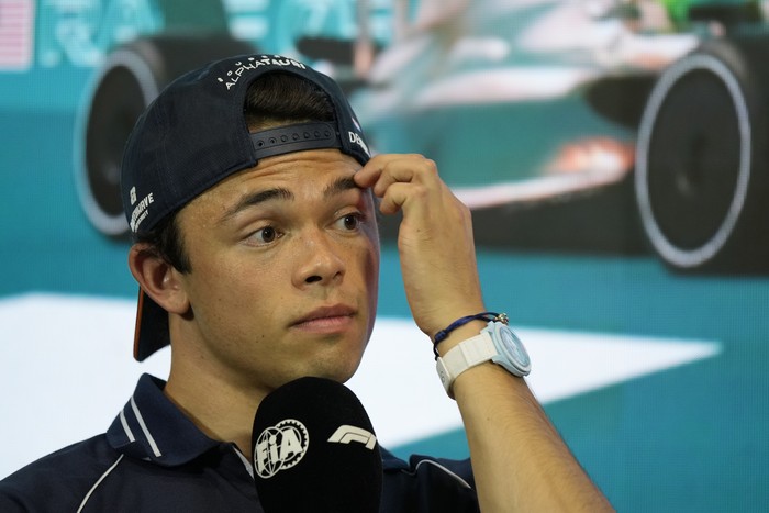 AlphaTauri driver Nyck de Vries of the Netherlands listens to a question during a press conference ahead of the Formula One Miami Grand Prix auto race at Miami International Autodrome in Miami Gardens, Fla., Thursday, May 4, 2023. (AP Photo/Rebecca Blackwell)
