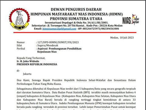 Potonngan surat Himni Sumut yang dikirim ke Presiden Jokowi. (Foto: Istimewa)