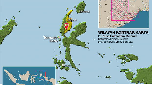 Mengutip situs PT Nusa Halmahera Minerals (NHM), berdasarkan kontrak karya yang ditandatangani bersama Pemerintah Indonesia pada 28 April 1997, area kerja NHM yang dikenal dengan nama Tambang Emas Gosowong, terletak di Kabupaten Halmahera Utara,  Maluku Utara.
