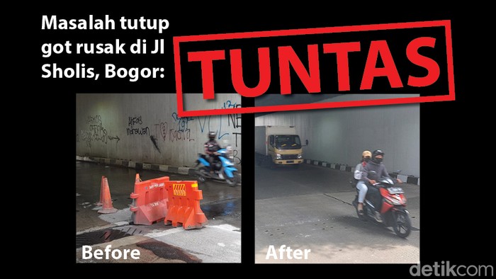 Before-after perbaikan tutup got underpass Jl Sholis, Kota Bogor. (M Sholihin/Repro: Denny Putra/detikcom)