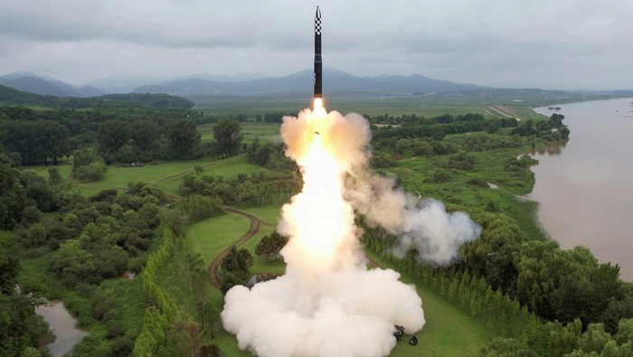 Hwasong-18 intercontinental ballistic missile is launched from an undisclosed location in North Korea in this image released by North Korea's Korean Central News Agency on July 13, 2023. KCNA via REUTERS    ATTENTION EDITORS - THIS IMAGE WAS PROVIDED BY A THIRD PARTY. REUTERS IS UNABLE TO INDEPENDENTLY VERIFY THIS IMAGE. NO THIRD PARTY SALES. SOUTH KOREA OUT. NO COMMERCIAL OR EDITORIAL SALES IN SOUTH KOREA.