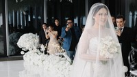 Tina Toon tampak anggun menggunakan gaun Alethea Sposa berwarna putih dengan veil nan panjang. Foto: dok. Instagram Tina Toon (@sekisah.photo)