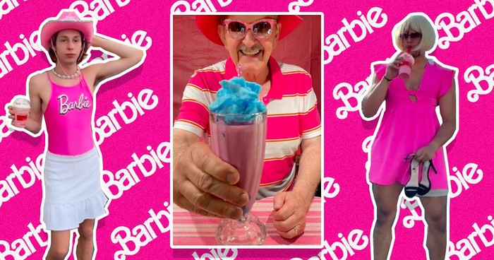 -
Kocak! Tren Minum Milkshake Pink Ini, Ubah TikToker Pria Jadi ‘Barbie’