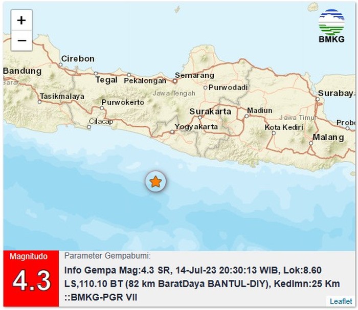 Gempa M 4,3 di Bantul, Jumat (14/7/2023) malam.