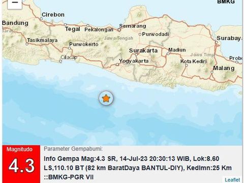 Gempa M 4,3 di Bantul, Jumat (14/7/2023) malam.