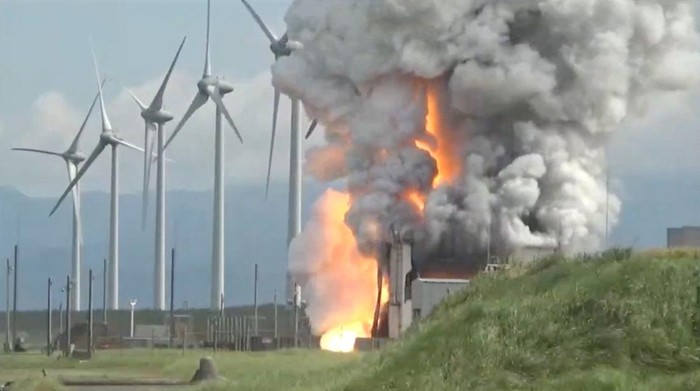JAPAN-SPACE/EXPLOSION Smoke rises following the explosion of a rocket engine during a test in Noshiro City, Akita Prefecture, Japan, July 14, 2023, in this screengrab taken from a handout video. NVS-LIVE.COM/Handout via REUTERS THIS IMAGE HAS BEEN SUPPLIED BY A THIRD PARTY. NO RESALES. NO ARCHIVES. MANDATORY CREDIT. TPX IMAGES OF THE DAY