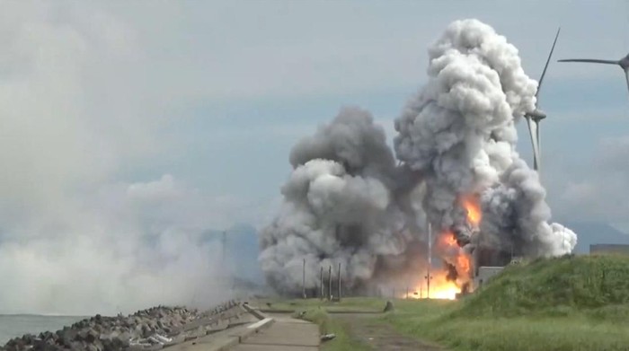 JAPAN-SPACE/EXPLOSION Smoke rises following the explosion of a rocket engine during a test in Noshiro City, Akita Prefecture, Japan, July 14, 2023, in this screengrab taken from a handout video. NVS-LIVE.COM/Handout via REUTERS THIS IMAGE HAS BEEN SUPPLIED BY A THIRD PARTY. NO RESALES. NO ARCHIVES. MANDATORY CREDIT. TPX IMAGES OF THE DAY