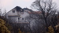 Pemandangan kerusakan akibat kebakaran hutan, di Grebastica, Kroasia, Kamis (13/7/2023). Api dan asap tebal membubung di atas rumah-rumah yang hangus dan mobil-mobil yang terbakar di Kroasia ketika kebakaran hutan terjadi.