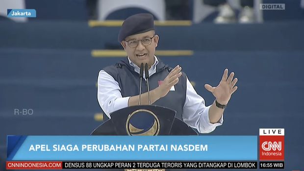 Calon Presiden Anies Baswedan dalam Apel Perubahan Partai Nasdem di Gelora Bung Karno, Senayan Pada Minggu, (16/7/2023). (Tangkapan Layar CNN Indonesia TV)