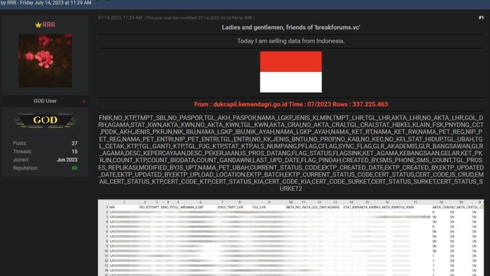 Sebanyak 337 juta data Dukcapil disebutkan alami kebocoran data di darkweb.