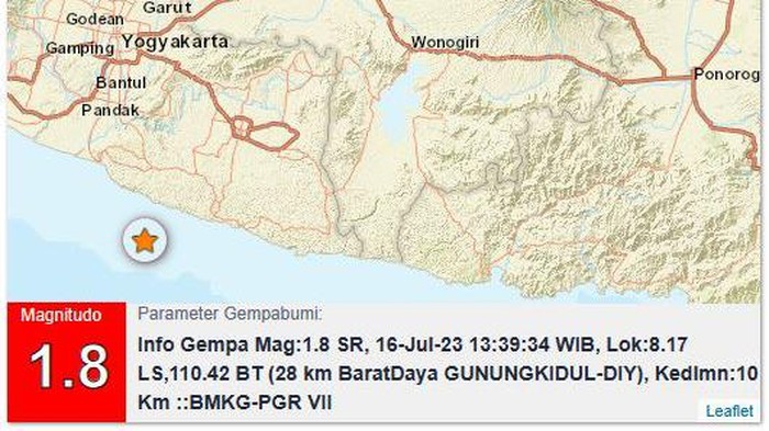 Gempa bumi M 1,8 di Gunungkidul, Minggu (16/7/2023).