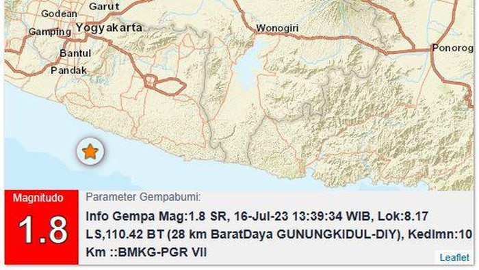 Gempa M 1,8 terjadi Minggu (16/7/2023) pukul 13.39 WIB di Gunungkidul.
