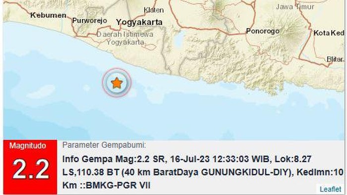 Gempa M 2,2 guncang barat daya Gunungkidul, Minggu (16/7/2023).