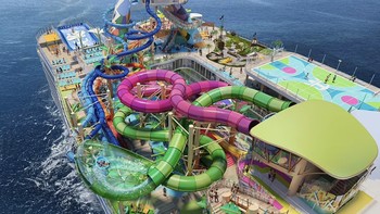 Ini adalah waterpark yang luar biasa besar di Icon of The Seas. Ada dinding panjat tebing, ruang makan mewah, carousel bertema pantai, dan lapangan golf mini. Foto: Royal Carribean