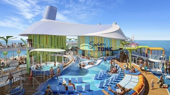 Royal Bay Pool di kapal ini bukan hanya kolam terbesar di laut, dengan 40.000 galon air, tapi juga sangat lengkap fasilitasnya memiliki tempat duduk lounge air, kolam pusaran air yang ditinggikan, dan pohon-pohon palem. Foto: Royal Carribean