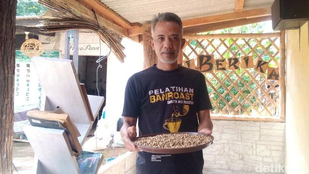 Ketua Kelompok Tani Kopi Desa Cipasung, Taufik Hernawan saat menunjukan kopi liberika khas Kuningan.
