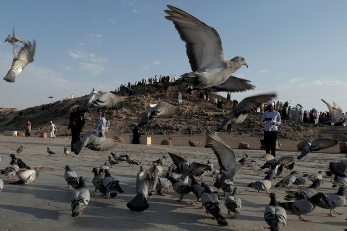 Sejumlah wisatawan mengunjungi Bukit Rumat yang berada di kaki Jabbal Uhud di Madinah, Arab Saudi, Sabtu (15/7/2023). Jabbal Uhud manjadi lokasi wisata dan ziarah 70 syuhada yang syahid dan dimakamkan di kawasan itu saat perang Uhud.  ANTARA FOTO/Wahyu Putro A/YU