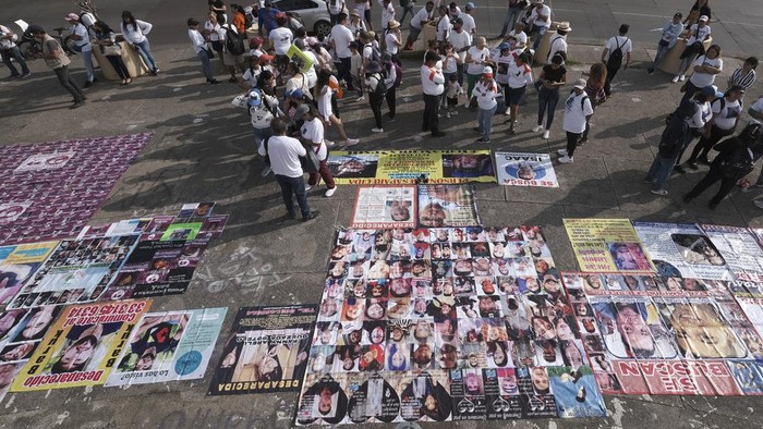 Relatives and organizations of the disappeared march to demand that the state government not stop the search for their disappeared relatives in Guadalajara, Mexico, on Sunday, July 16, 2023. (AP Photo/Refugio Ruiz)