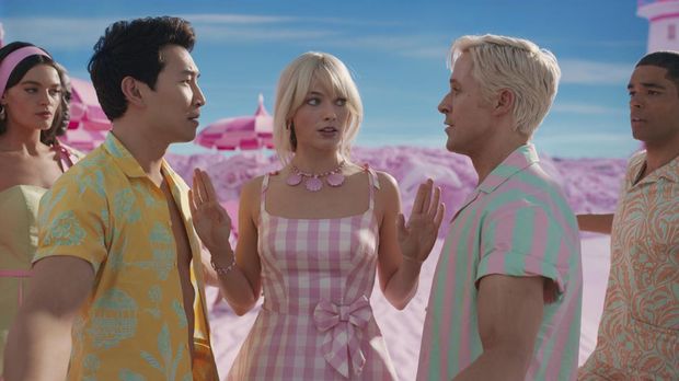 This mage released by Warner Bros. Pictures shows, from left, Emma Mackey, Simu Liu, Margot Robbie, Ryan Gosling and Kingsley Ben-Adir in a scene from 