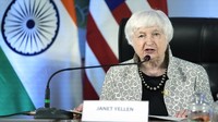 Menteri Keuangan Amerika Serikat Janet Yellen berbicara kepada media selama pertemuan Menteri Keuangan dan Gubernur Bank Sentral (FMCBG) ketiga G-20 di Gandhinagar, India, Senin, 17 Juli 2023, di bawah Kepresidenan G20 India. AP Photo/Ajit Solanki.  