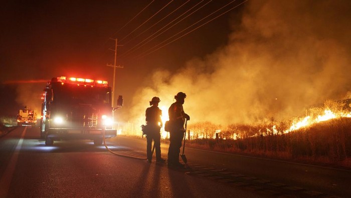 Potret Ngeri Api Kebakaran Hutan Membara di California Selatan Firefighters monitor as flames consume brush along Gilman Springs Road during the Rabbit Fire late Friday, July 14, 2023, in Moreno Valley, Calif. (AP Photo/Eric Thayer)