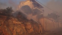 Dua kebakaran hutan yang dipicu oleh angin kencang berkobar tak terkendali melalui kota-kota pesisir dekat Athena pada Senin (17/7/2023).   